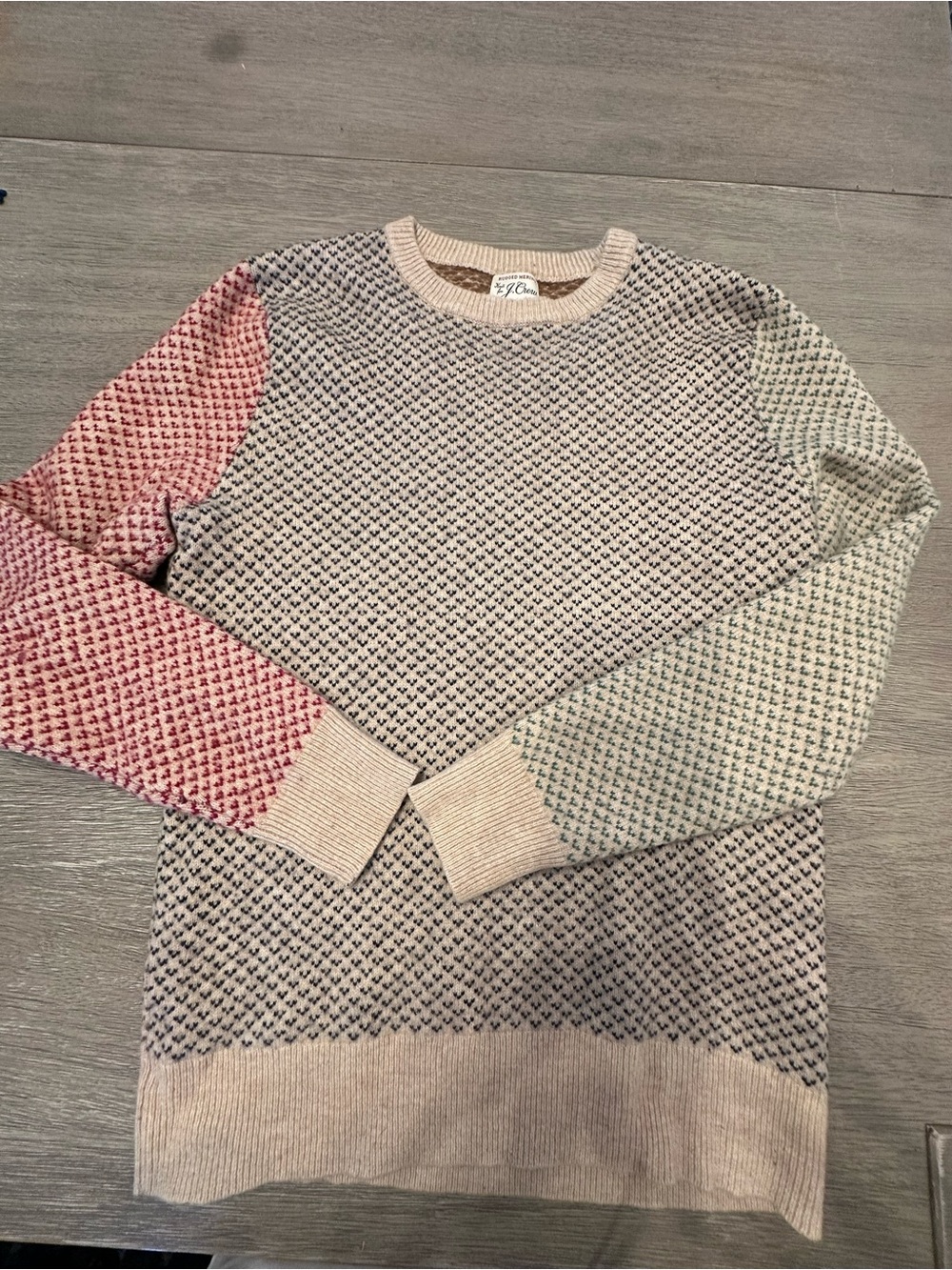J. Crew Beige Crewneck Sweater with Pink and Mint Green Sleeves